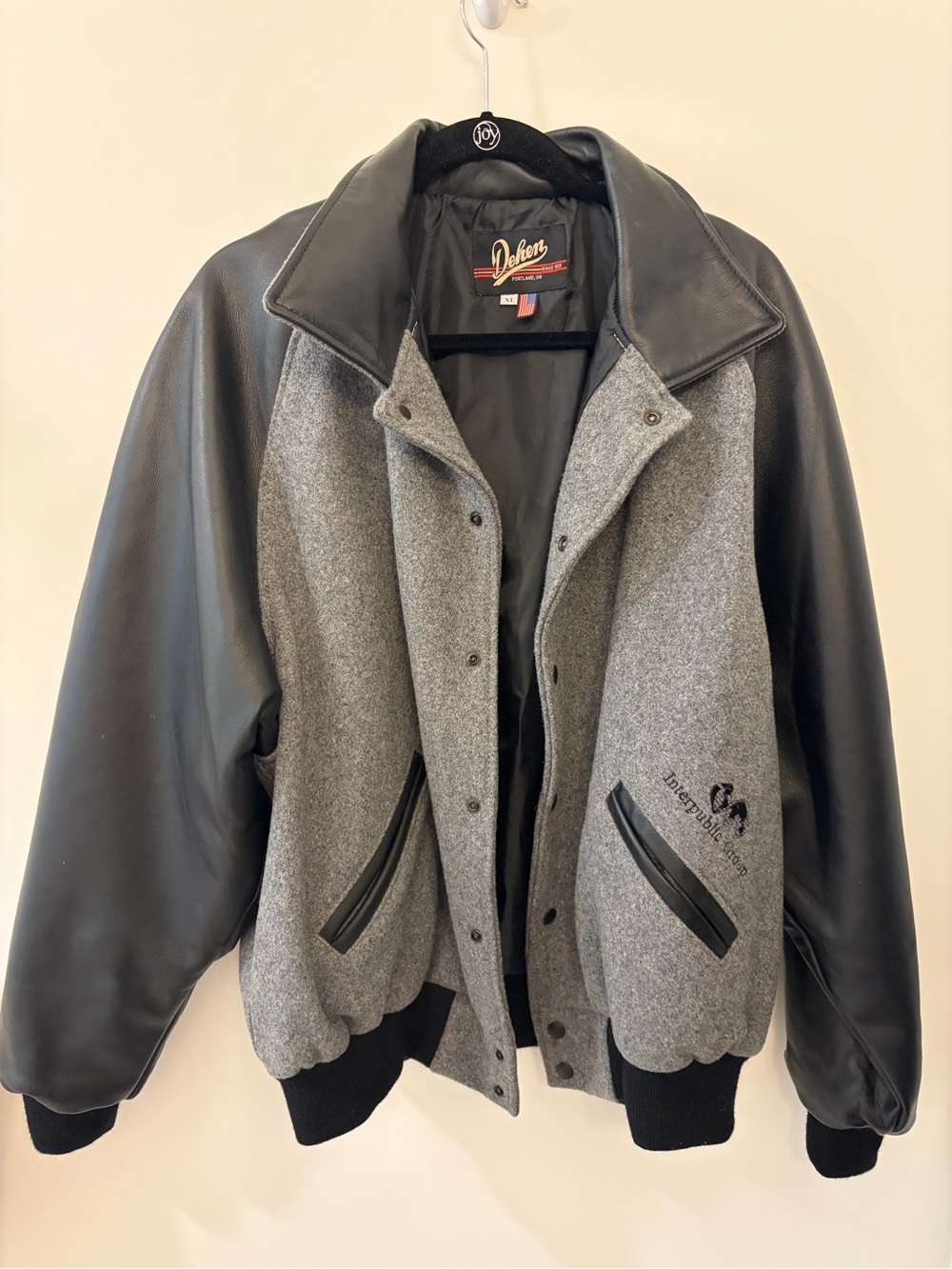 Dehen Grey Wool & Black Leather Varsity Bomber Jacket